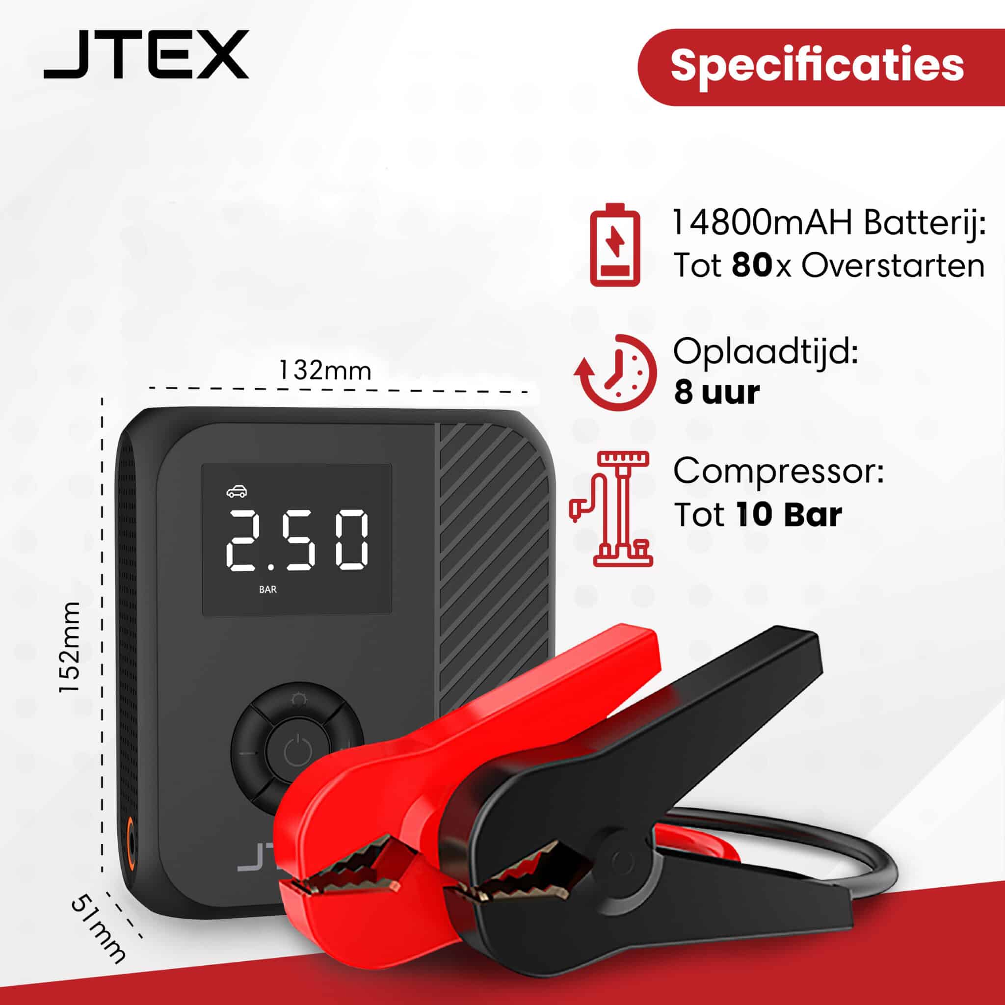 JTEX 12V Jumpstarter + Compressor 1200A 5 in 1 Starthulp 3